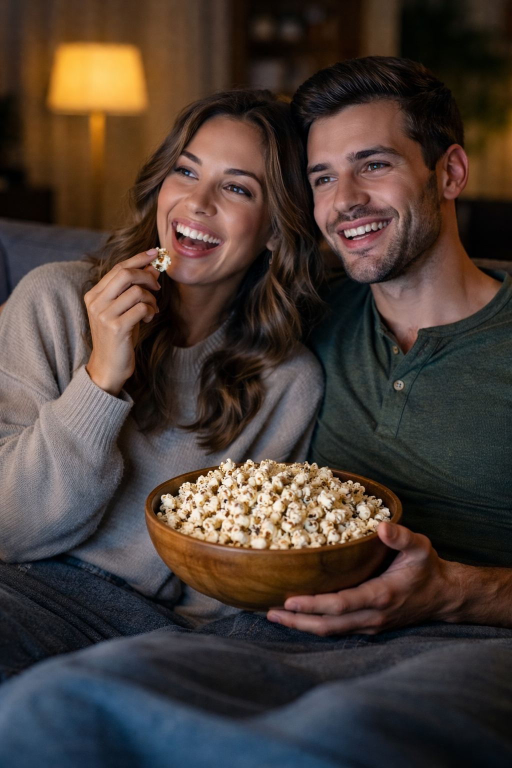 Couple enjoying Bare Kernel popcorn on movie night