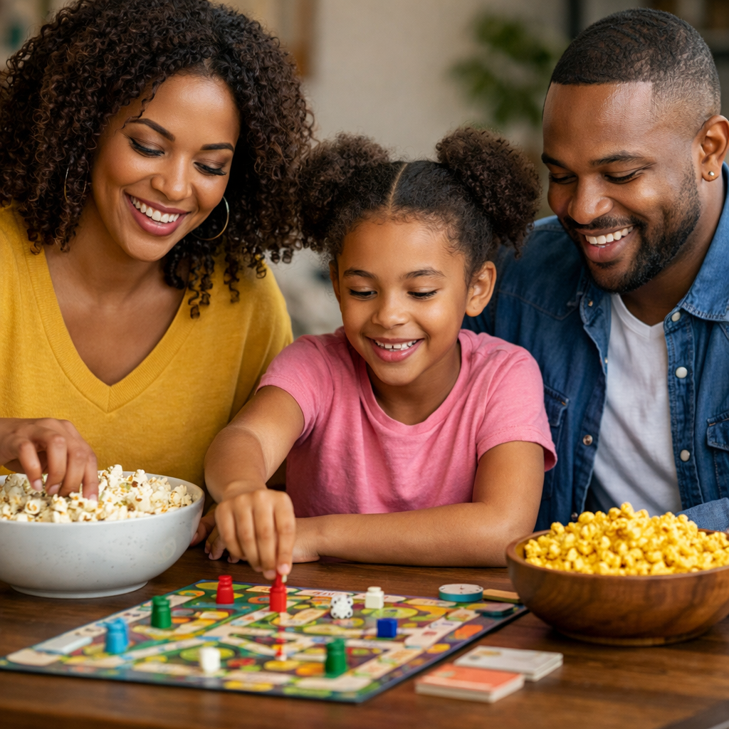 Family enjoying Bare Kernel popcorn during game night